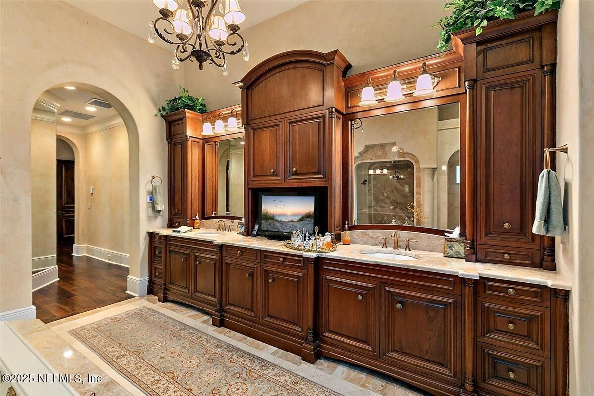Bathroom, Chandelier, Dual Sink Vanities, Interior, Recessed Lighting, Wood Texture Flooring