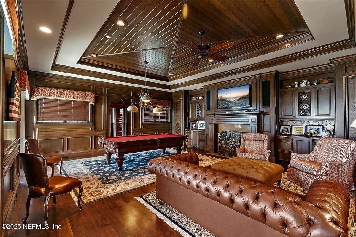 Billiard Table, Fireplace, Game Room, Interior, Pendant Lights, Recessed Lighting, Wooden Ceilings, Wood Texture Flooring