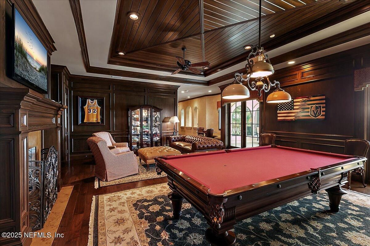 Billiard Table, Game Room, Interior, Pendant Lights, Recessed Lighting, Wooden Ceilings, Wood Texture Flooring, Wooden Walls