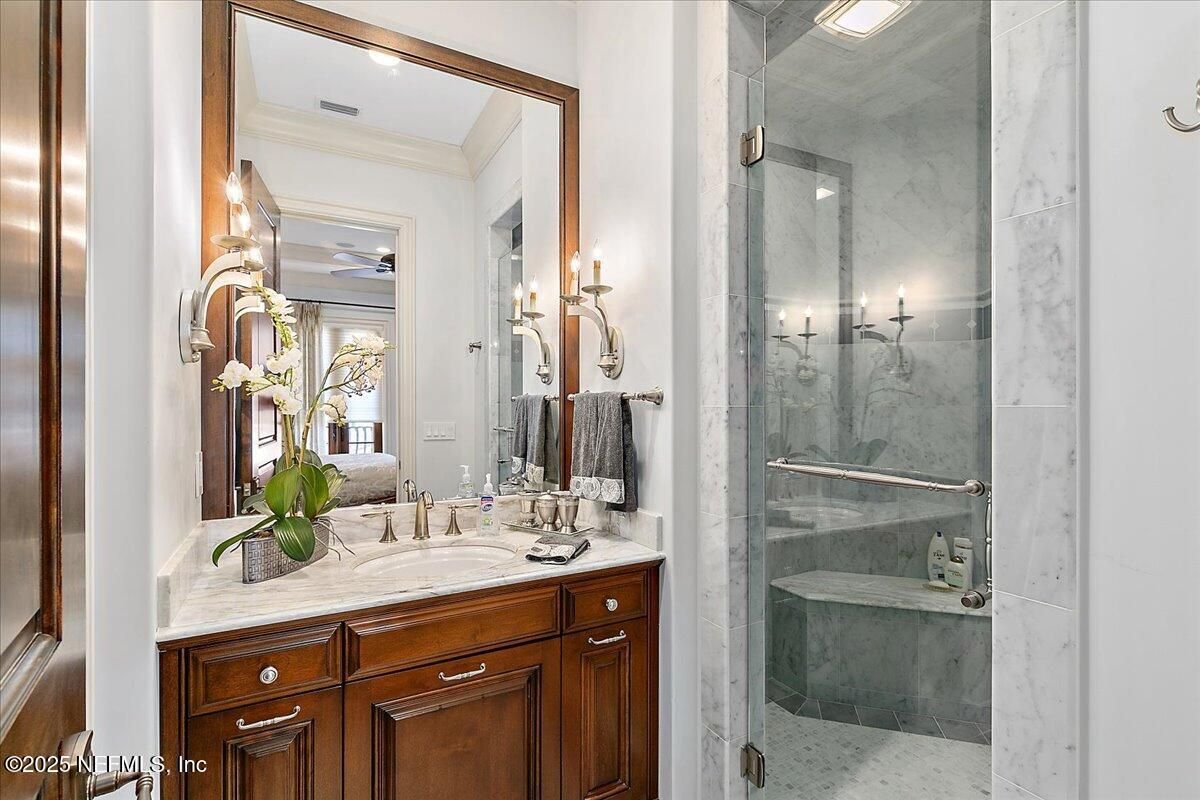 Bathroom, Glass Shower, Interior, Marble Walls, Recessed Lighting