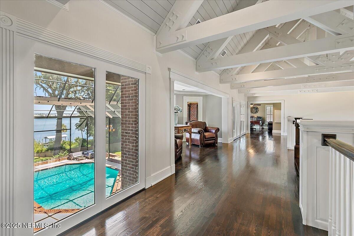 Fireplace, Interior, Living room, Stone Walls, Water, Wood Texture Flooring
