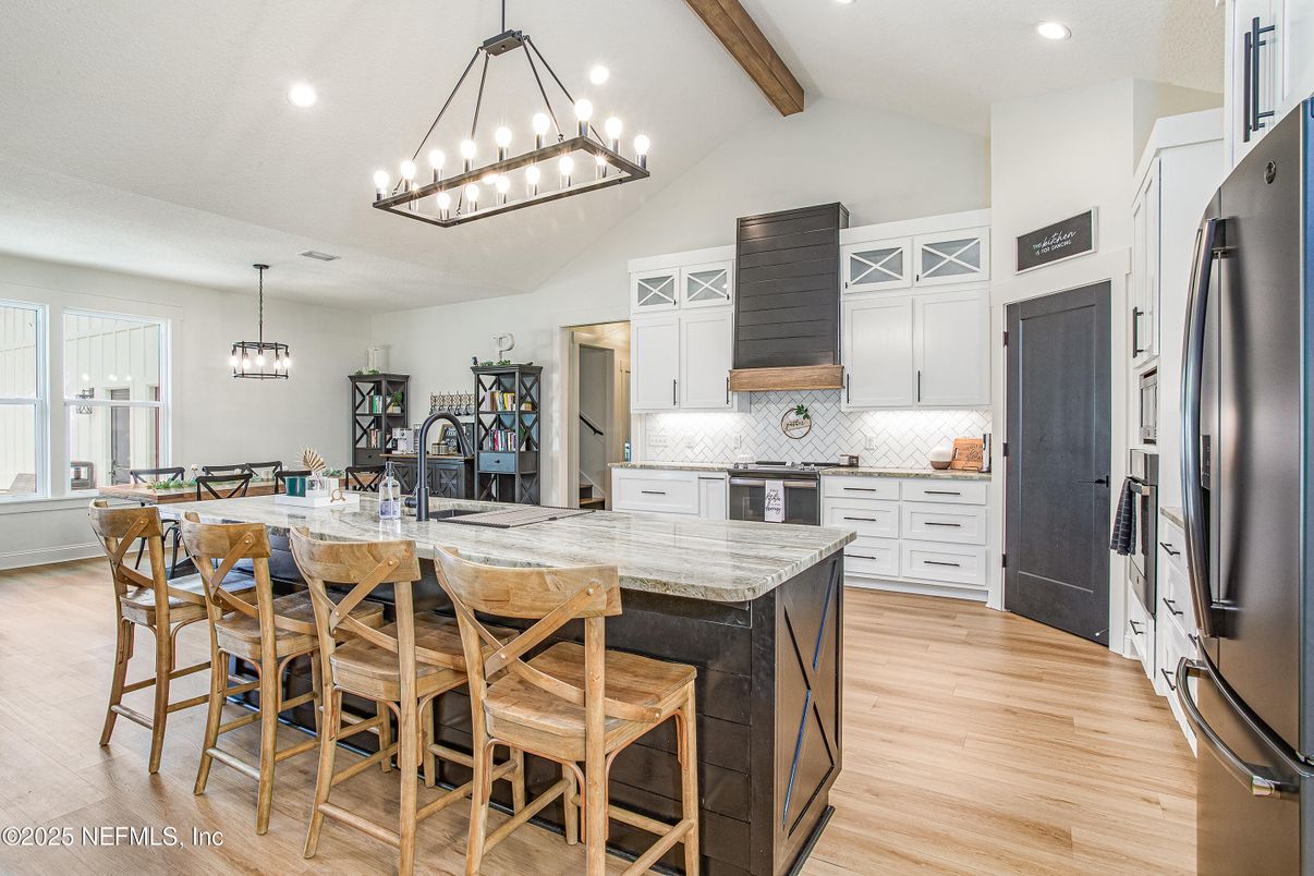 Interior, Kitchen, Pendant Lights, Recessed Lighting, Wooden Beams, Wood Texture Flooring