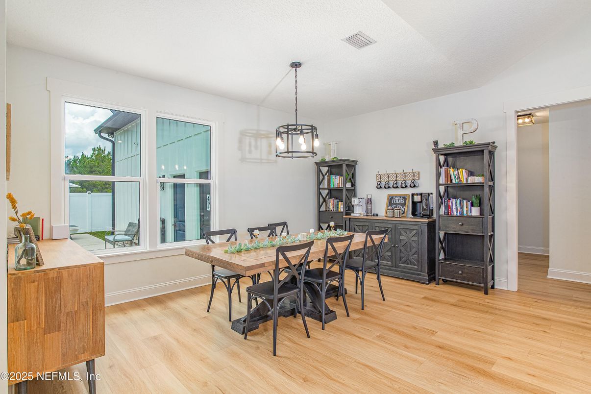 Dining room, Interior, Pendant Lights, Wood Texture Flooring