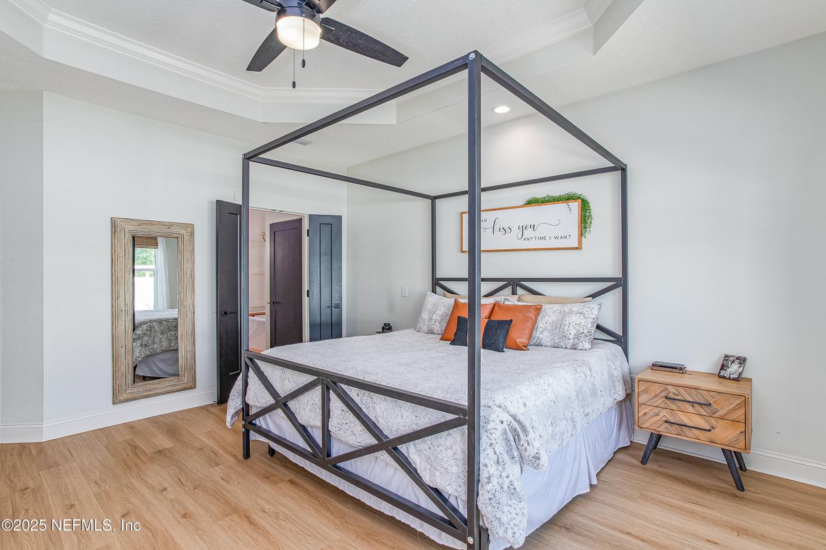 Bedroom, Interior, Recessed Lighting, Wood Texture Flooring