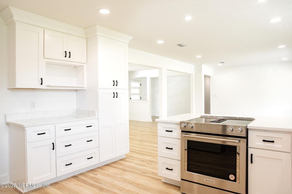 Interior, Kitchen, Recessed Lighting, Stainless Steel Appliances, Wood Texture Flooring