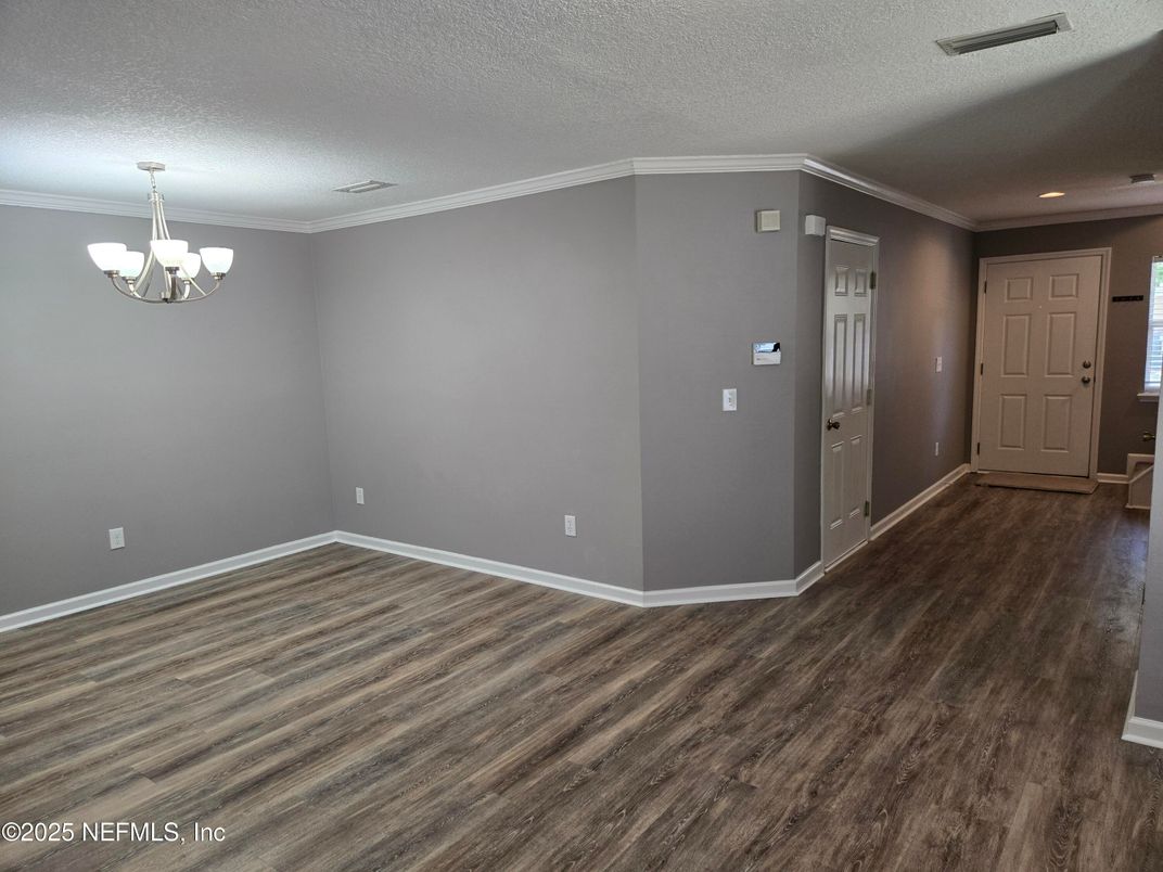 Chandelier, Empty room, Interior, Recessed Lighting, Wood Texture Flooring
