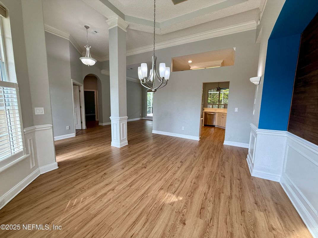 Empty room, Interior, Pendant Lights, Recessed Lighting, Wood Texture Flooring