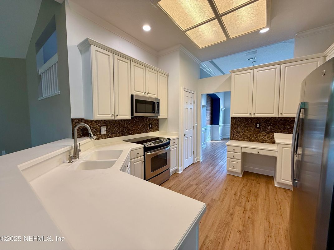 Interior, Kitchen, Recessed Lighting, Stainless Steel Appliances, Wood Texture Flooring