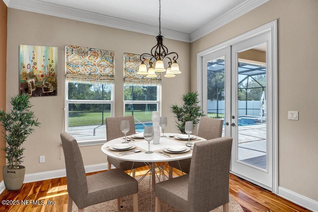 Chandelier, Dining room, Interior, Pendant Lights, Wood Texture Flooring