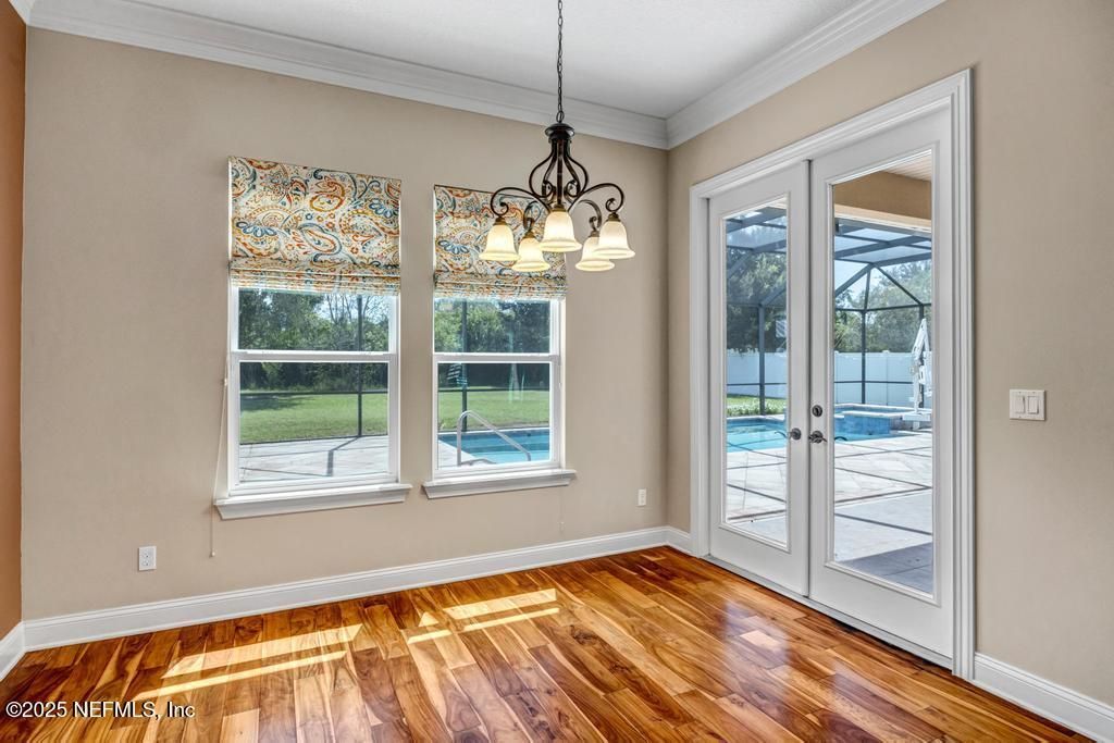 Chandelier, Empty room, Interior, Pendant Lights, Sun Room, Wood Texture Flooring