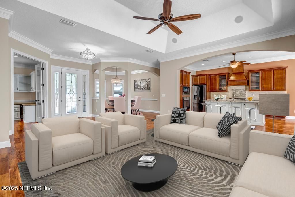 Dining room, Interior, Kitchen, Living room, Recessed Lighting, Stainless Steel Appliances, Wood Texture Flooring