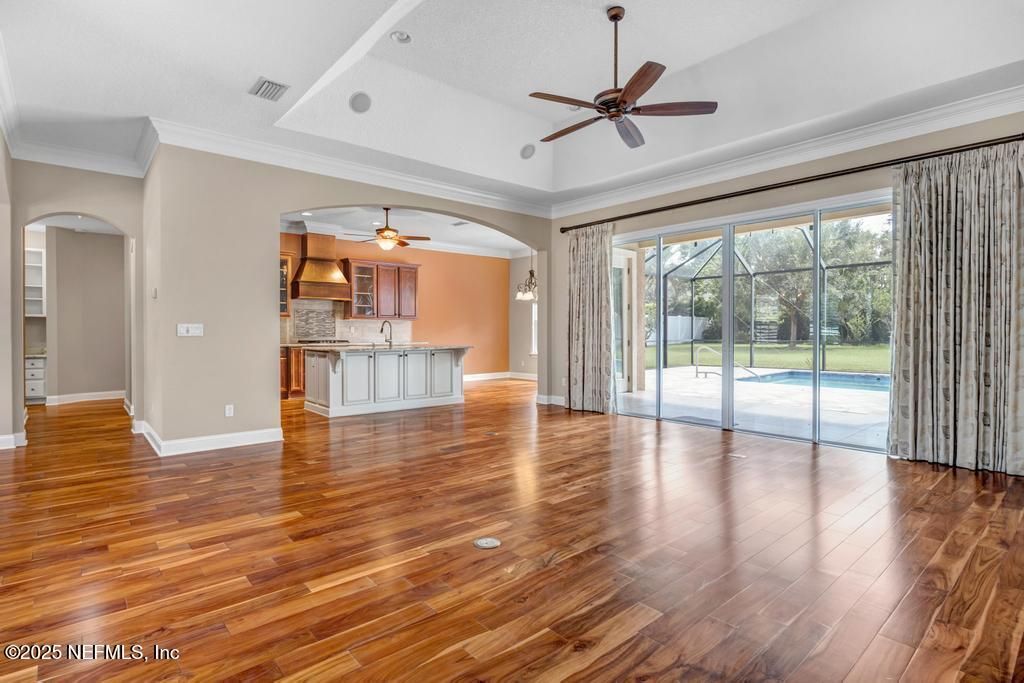 Empty room, Interior, Kitchen, Recessed Lighting, Wood Texture Flooring