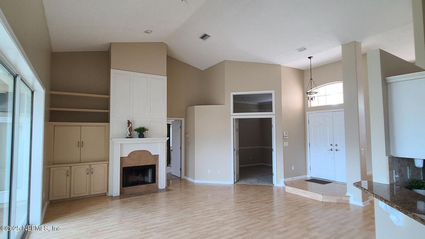 Empty room, Fireplace, Interior, Pendant Lights, Wood Texture Flooring