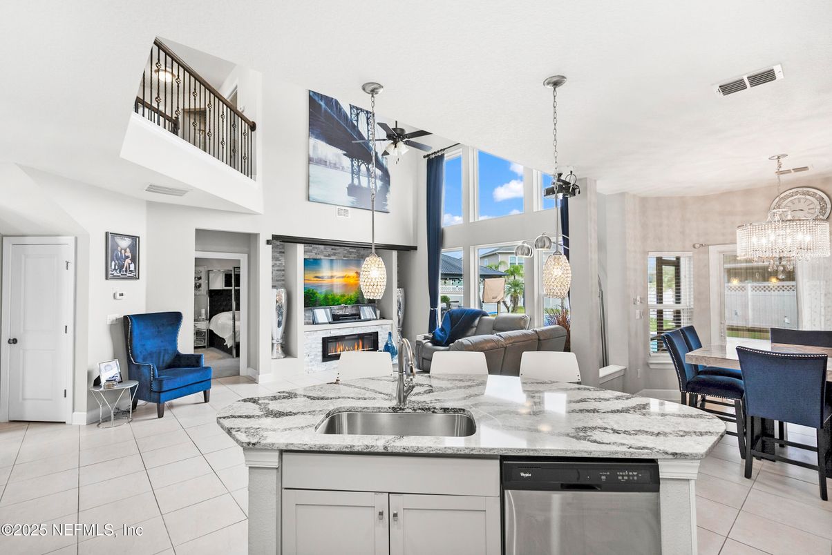 Chandelier, Dining room, Fireplace, Interior, Kitchen, Living room, Pendant Lights