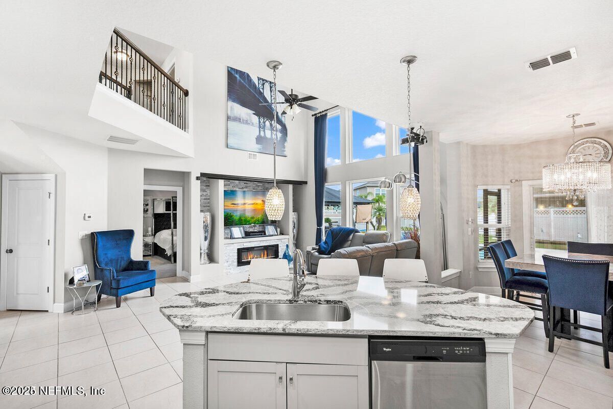 Chandelier, Dining room, Fireplace, Interior, Kitchen, Living room, Pendant Lights