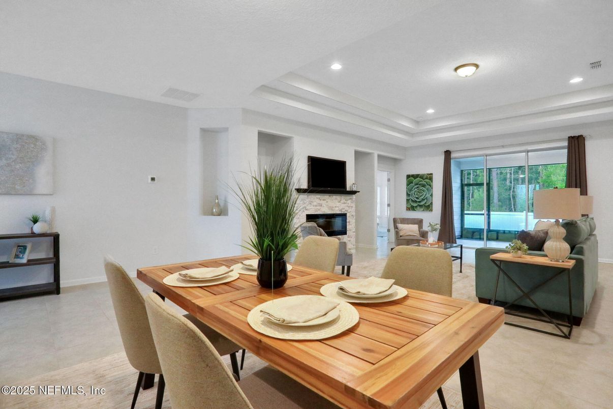 Dining room, Fireplace, Interior, Living room, Recessed Lighting