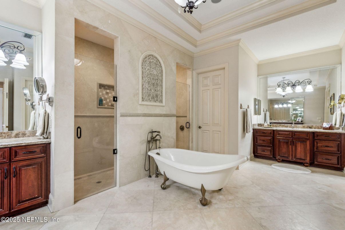 Bathroom, Dual Sink Vanities, Free Standing Baths, Glass Shower, Interior