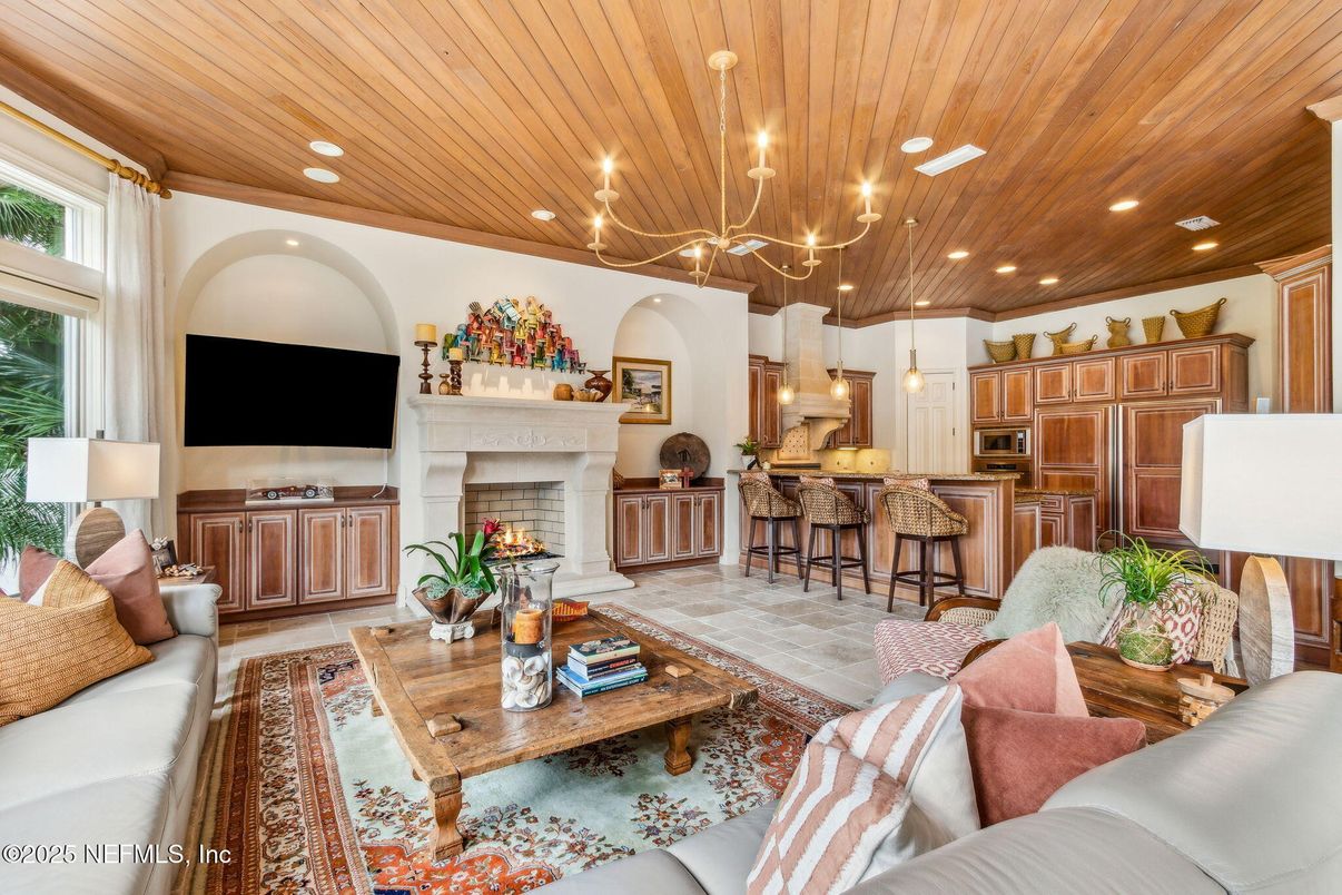 Chandelier, Fireplace, Interior, Kitchen, Living room, Pendant Lights, Recessed Lighting, Wooden Ceilings