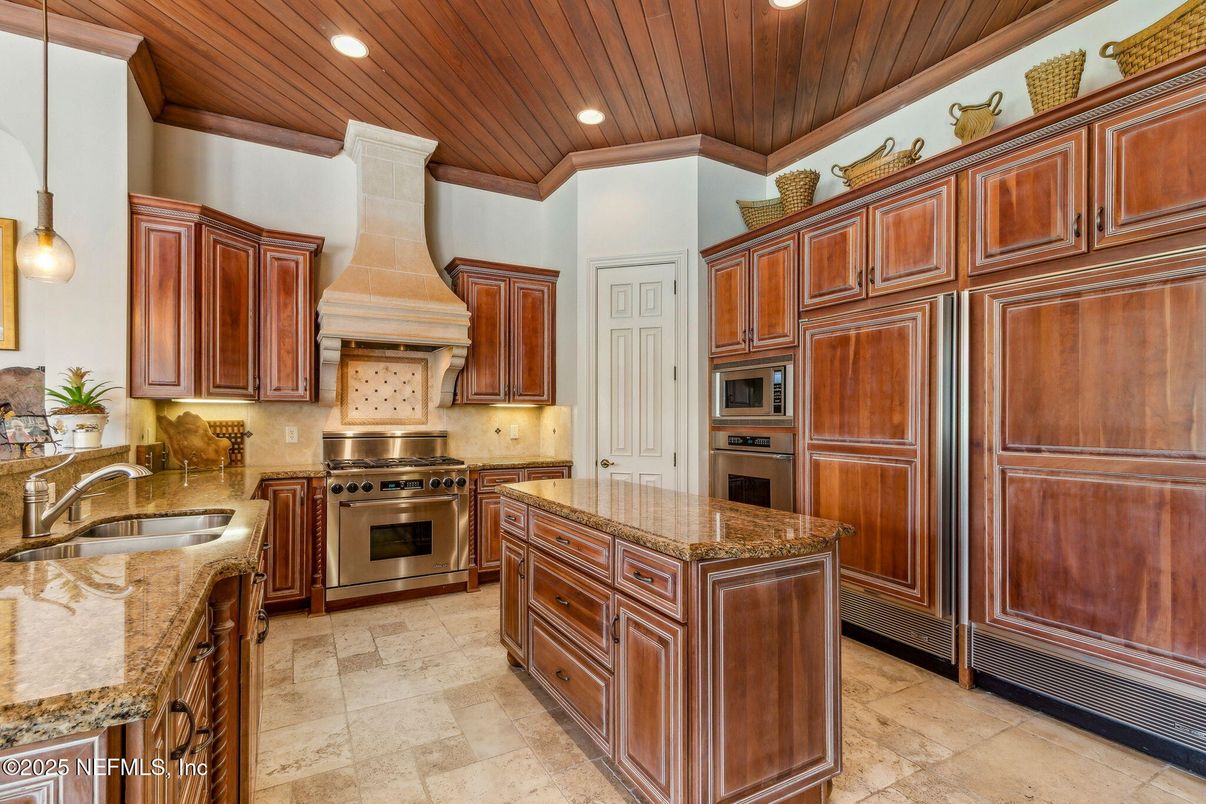 Interior, Kitchen, Pendant Lights, Recessed Lighting, Stainless Steel Appliances, Wooden Ceilings