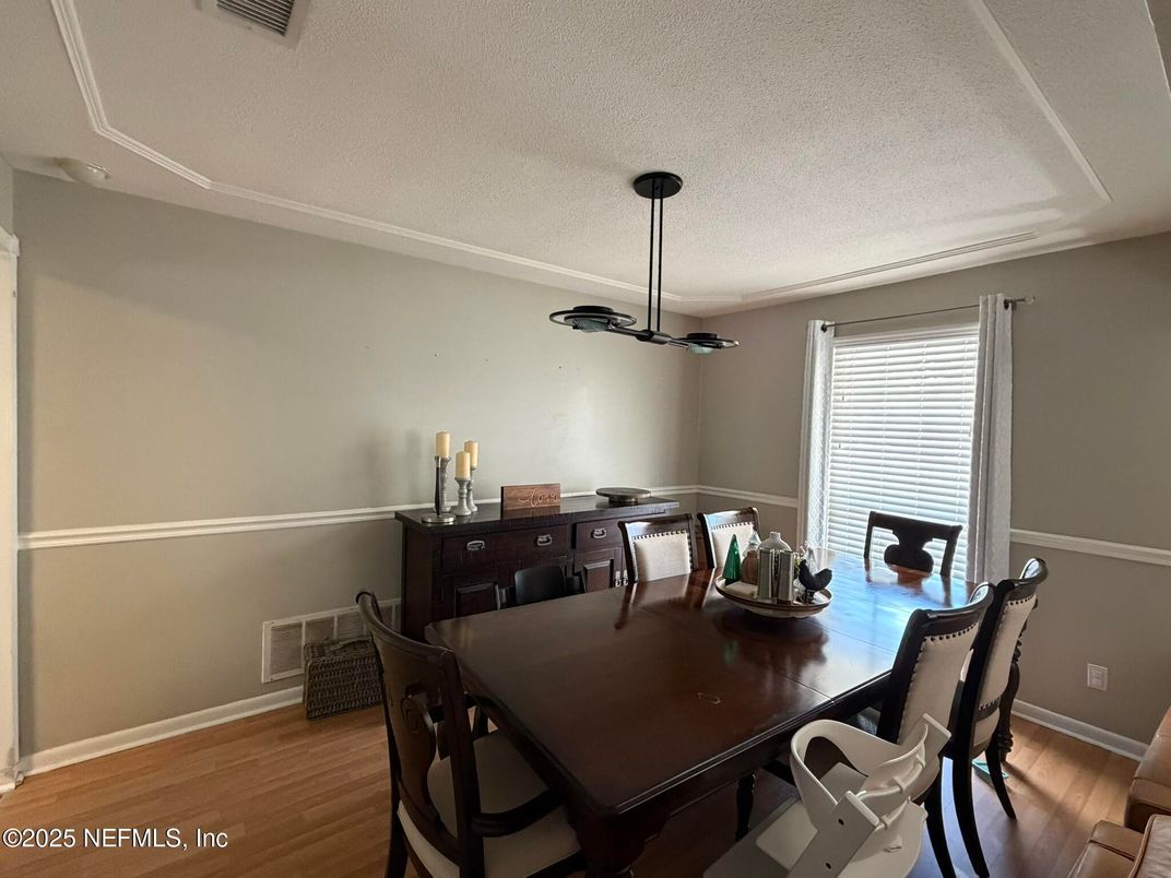 Dining room, Interior, Pendant Lights, Wood Texture Flooring