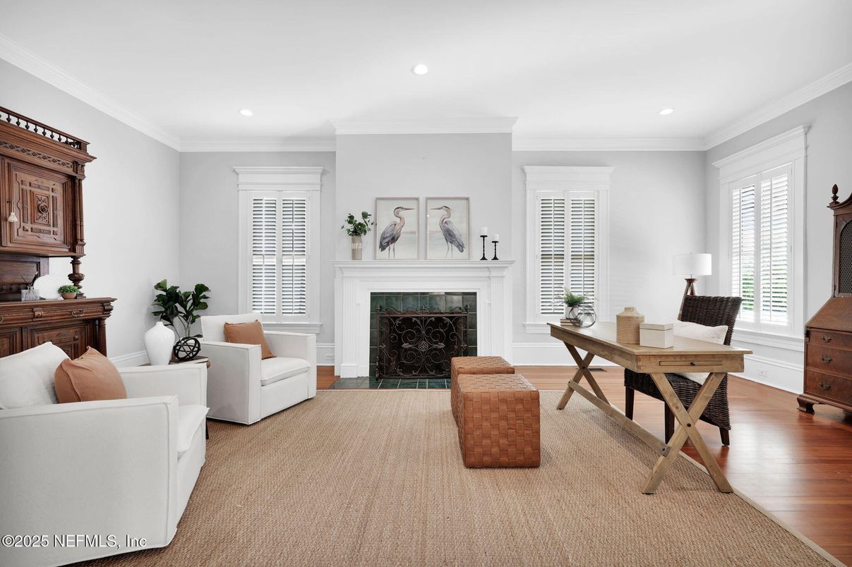 Fireplace, Home Office, Interior, Living room, Recessed Lighting, Wood Texture Flooring