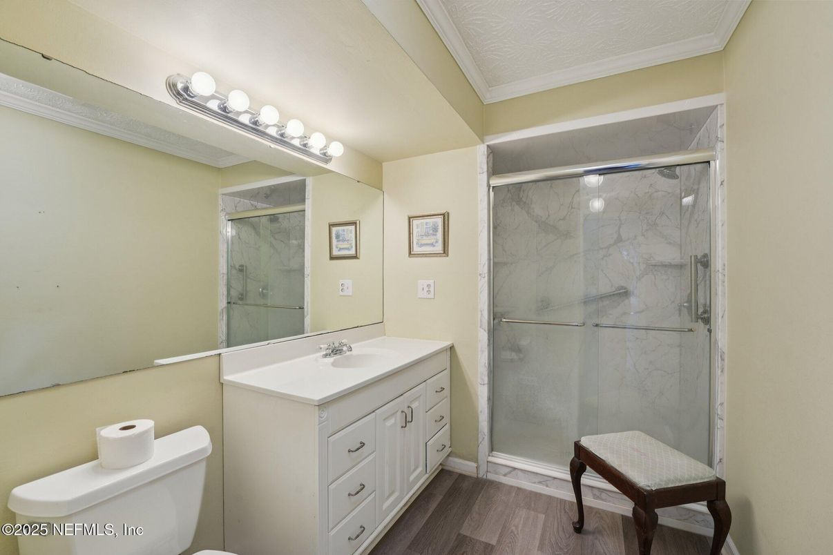 Bathroom, Glass Shower, Interior, Marble Walls, Wood Texture Flooring