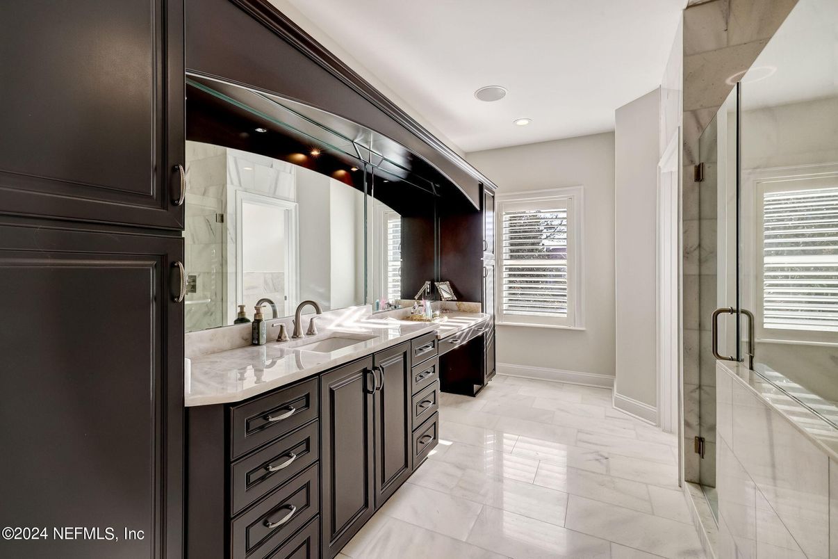 Bathroom, Dual Sink Vanities, Glass Shower, Interior, Marble, Recessed Lighting