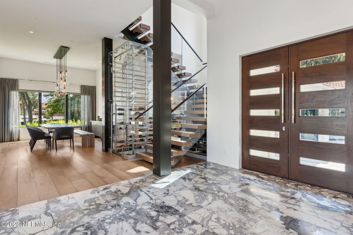 Dining room, Interior, Marble, Pendant Lights, Recessed Lighting, Wine Storage, Wood Texture Flooring
