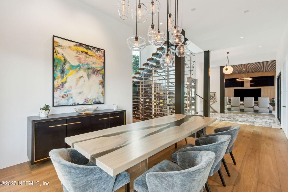 Dining room, Interior, Pendant Lights, Recessed Lighting, Wine Storage, Wood Texture Flooring
