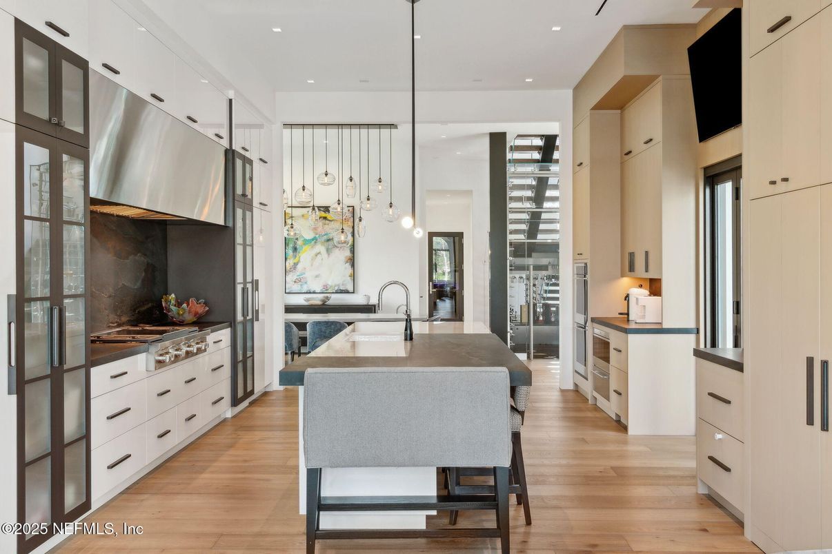 Interior, Kitchen, Pendant Lights, Recessed Lighting, Stainless Steel Appliances, Wood Texture Flooring