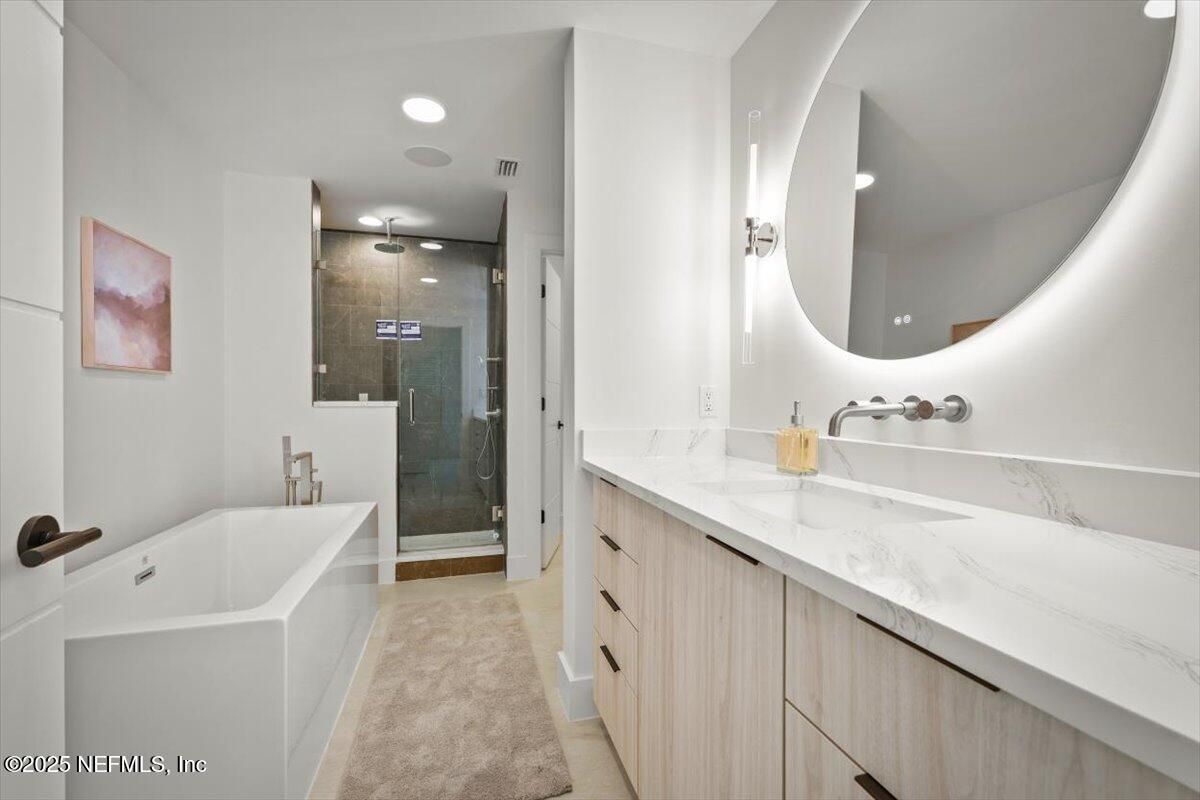 Bathroom, Dual Sink Vanities, Free Standing Baths, Glass Shower, Interior, Recessed Lighting