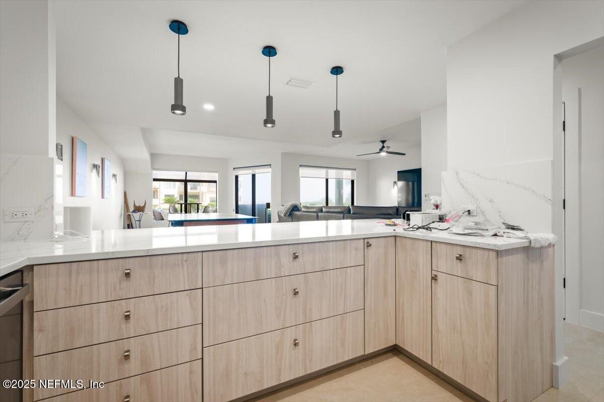 Interior, Kitchen, Marble Walls, Pendant Lights, Recessed Lighting