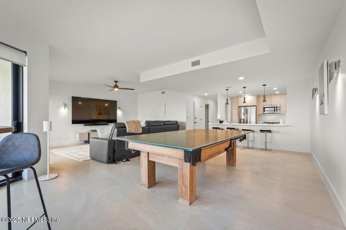 Billiard Table, Game Room, Interior, Kitchen, Living room, Pendant Lights, Recessed Lighting, Stainless Steel Appliances