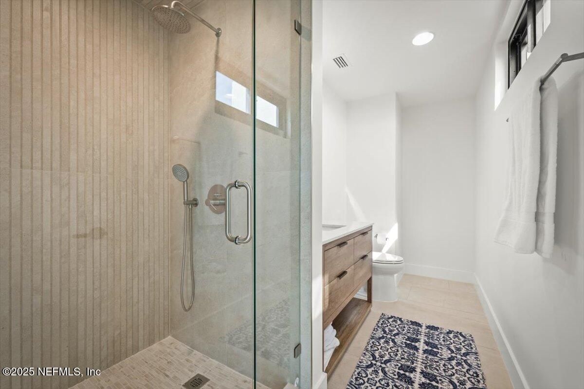 Bathroom, Glass Shower, Interior, Recessed Lighting, Wood Texture Flooring