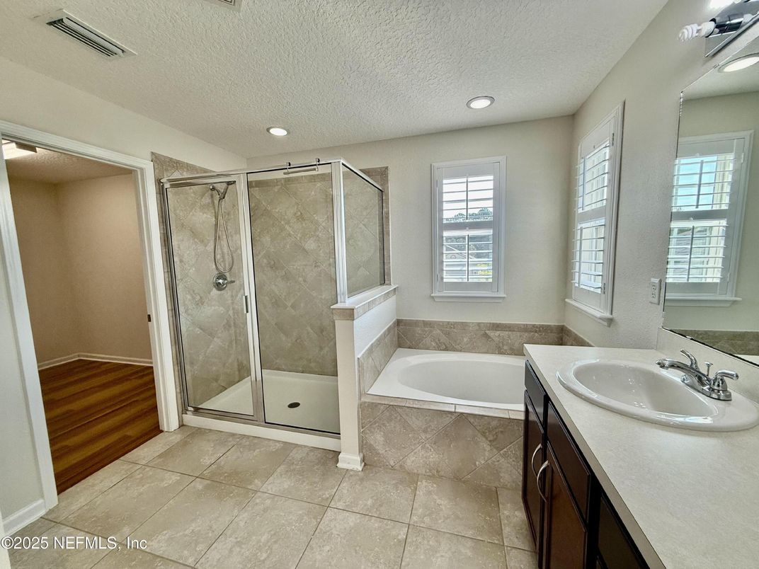 Bathroom, Glass Shower, Interior, Recessed Lighting, Wood Texture Flooring