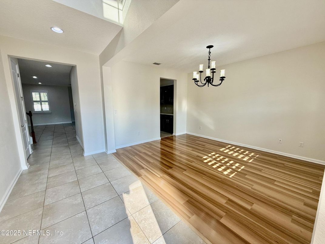 Chandelier, Empty room, Interior, Recessed Lighting, Wood Texture Flooring