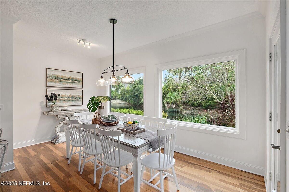 Dining room, Interior, Pendant Lights, Wood Texture Flooring
