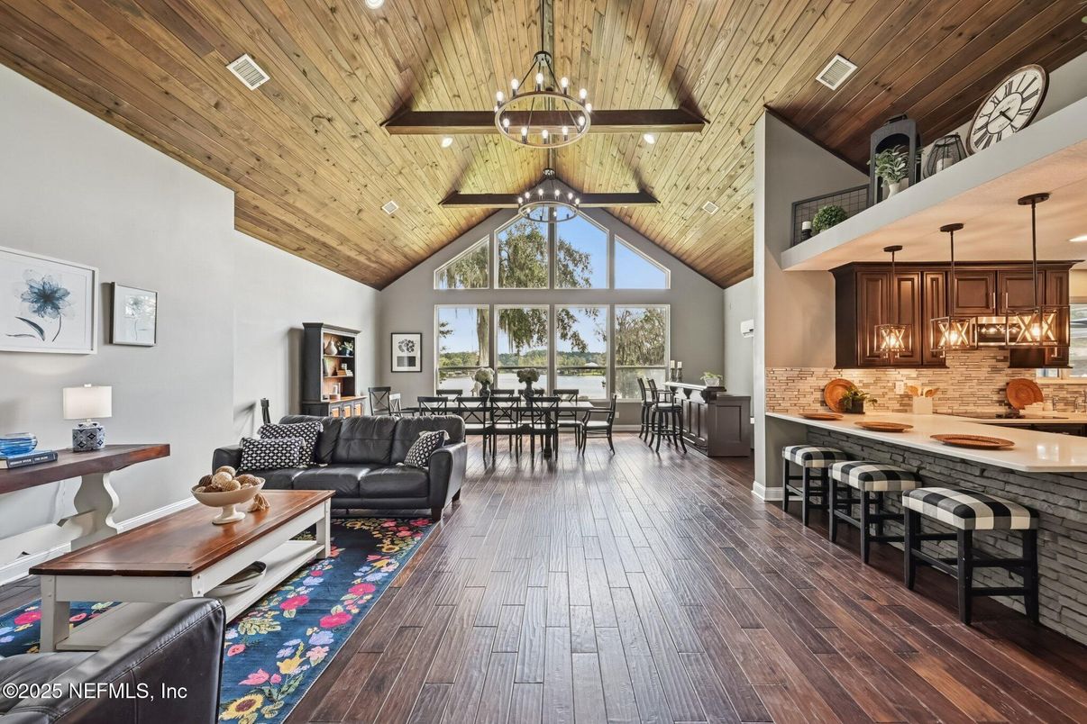 Dining room, Interior, Kitchen, Living room, Pendant Lights, Recessed Lighting, Wooden Beams, Wooden Ceilings, Wood Texture Flooring