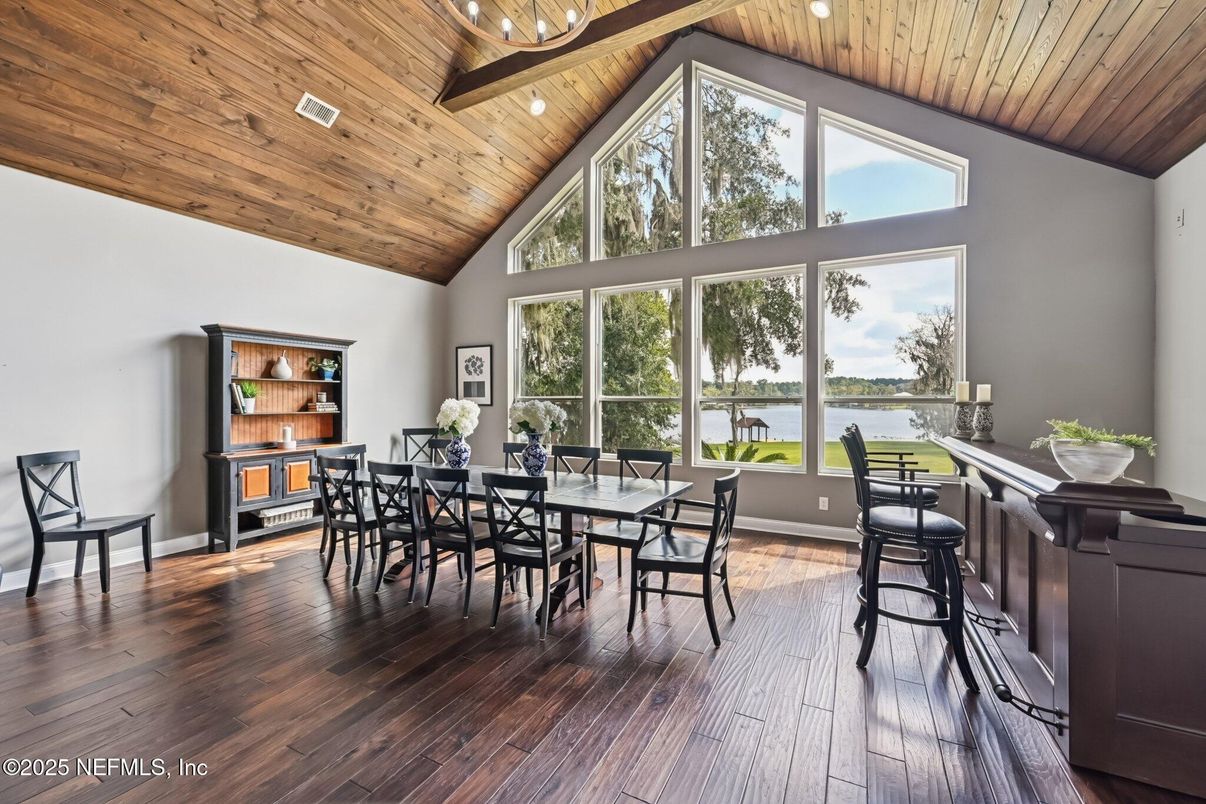 Dining room, Interior, Water, Wooden Beams, Wooden Ceilings, Wood Texture Flooring