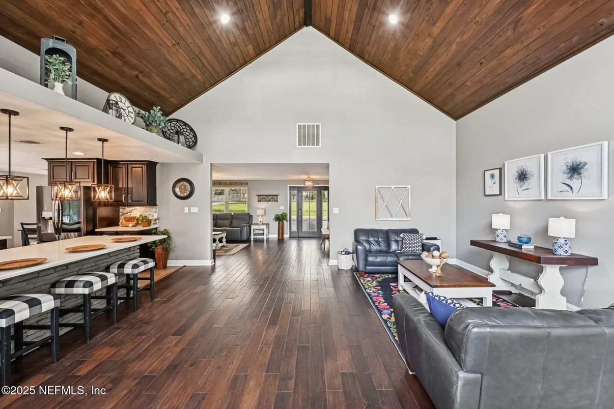 Dining room, Interior, Kitchen, Living room, Pendant Lights, Recessed Lighting, Wooden Ceilings, Wood Texture Flooring