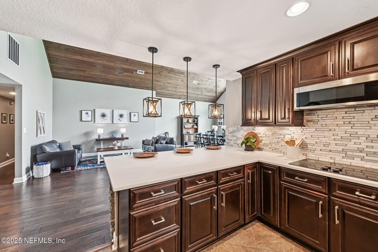 Interior, Kitchen, Pendant Lights, Recessed Lighting, Wooden Ceilings, Wood Texture Flooring