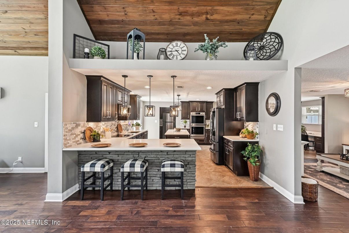 Interior, Kitchen, Pendant Lights, Recessed Lighting, Stainless Steel Appliances, Wooden Ceilings, Wood Texture Flooring