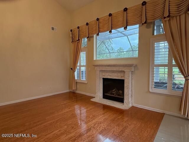 Empty room, Fireplace, Interior, Pendant Lights, Wooden Ceilings, Wood Texture Flooring