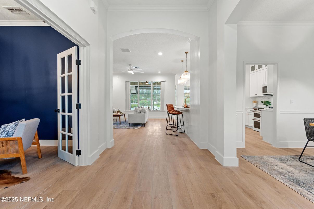 Dining room, Interior, Kitchen, Living room, Pendant Lights, Recessed Lighting, Wood Texture Flooring