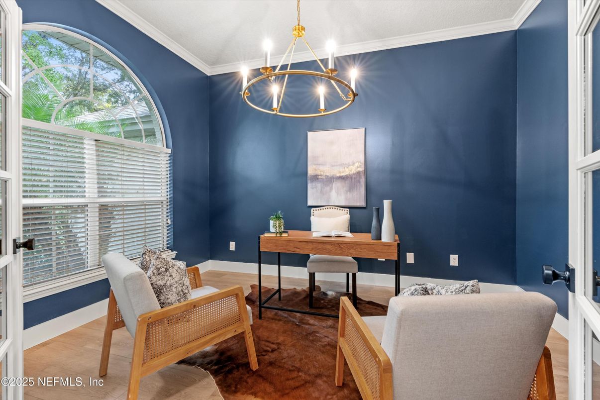 Chandelier, Home Office, Interior, Pendant Lights, Wood Texture Flooring