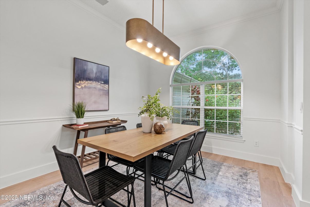 Dining room, Interior, Pendant Lights, Wood Texture Flooring