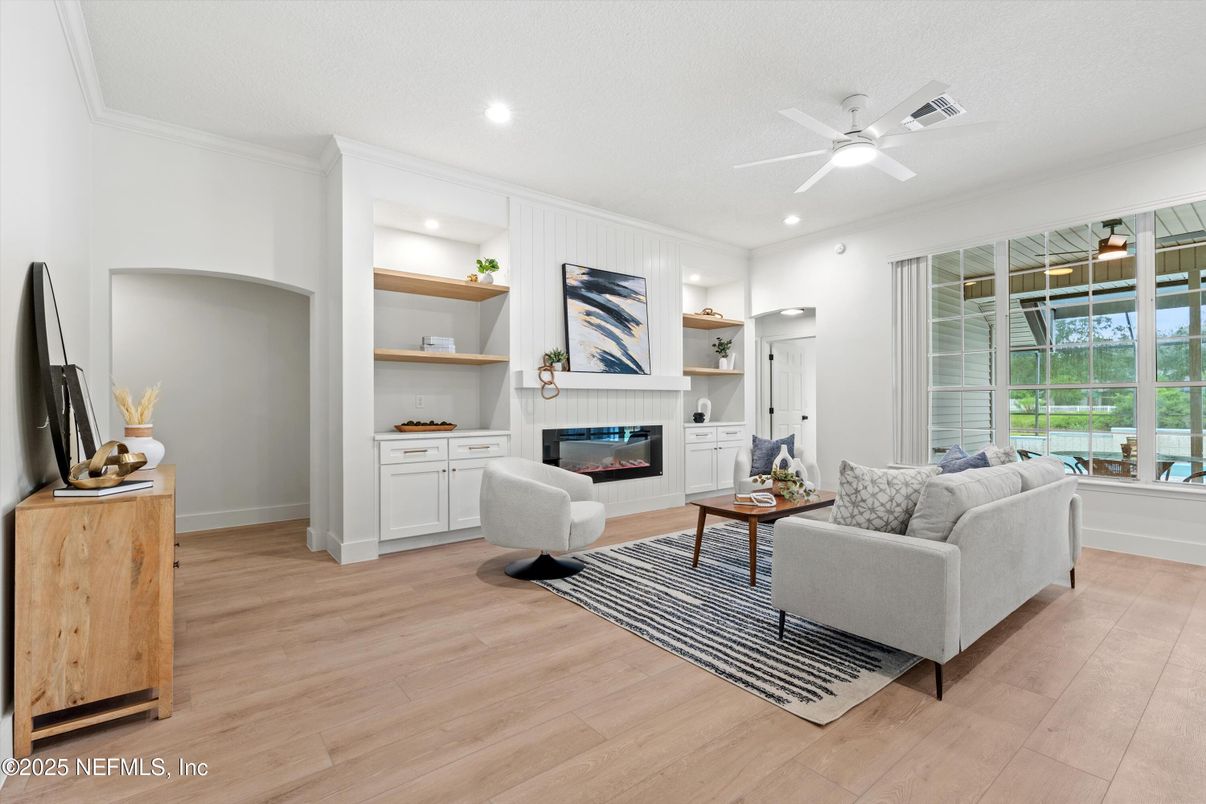 Fireplace, Interior, Living room, Recessed Lighting, Wood Texture Flooring