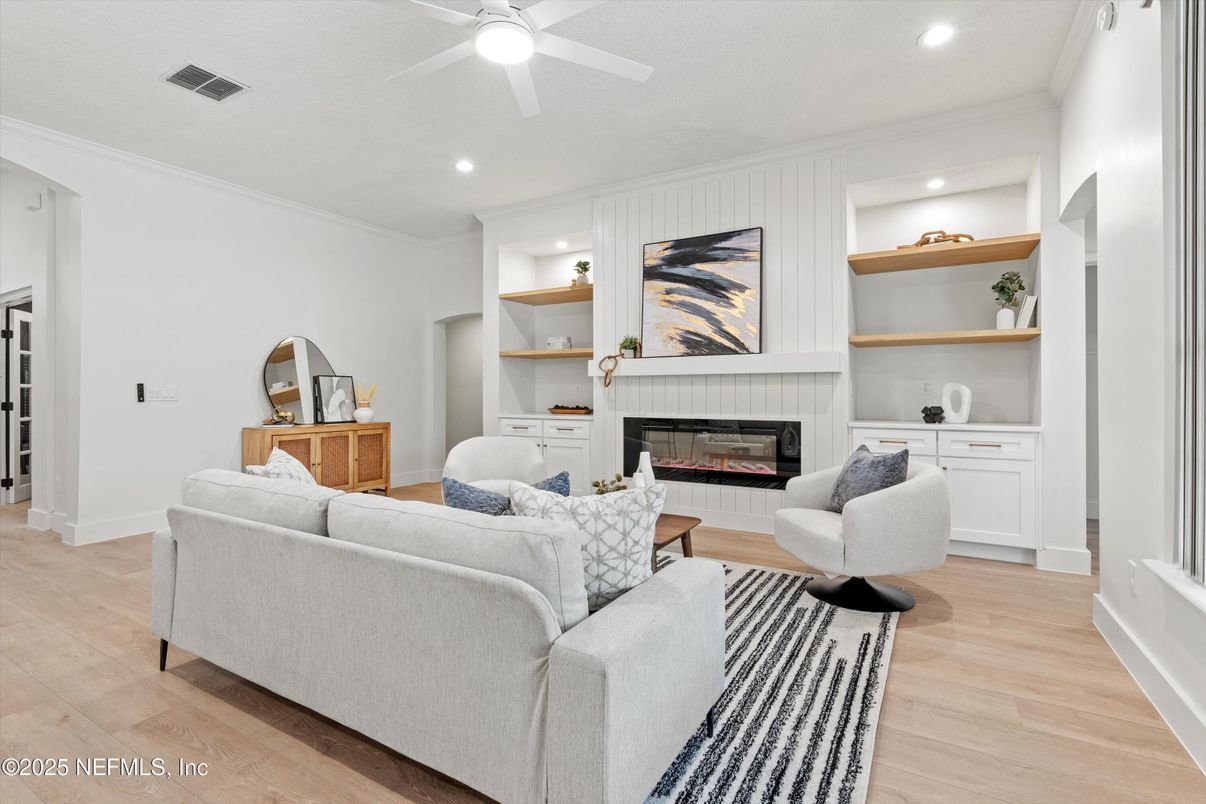 Fireplace, Interior, Living room, Recessed Lighting, Wood Texture Flooring