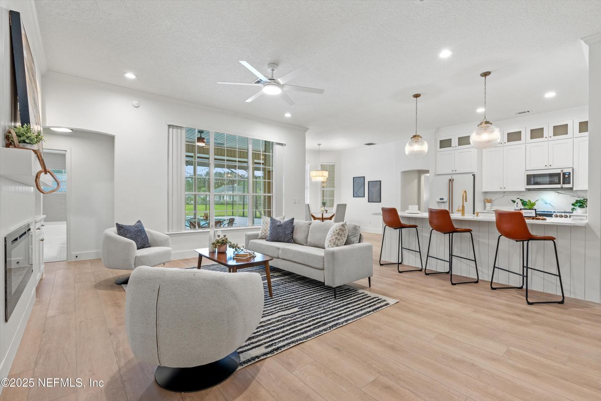Interior, Kitchen, Living room, Pendant Lights, Recessed Lighting, Stainless Steel Appliances, Wood Texture Flooring