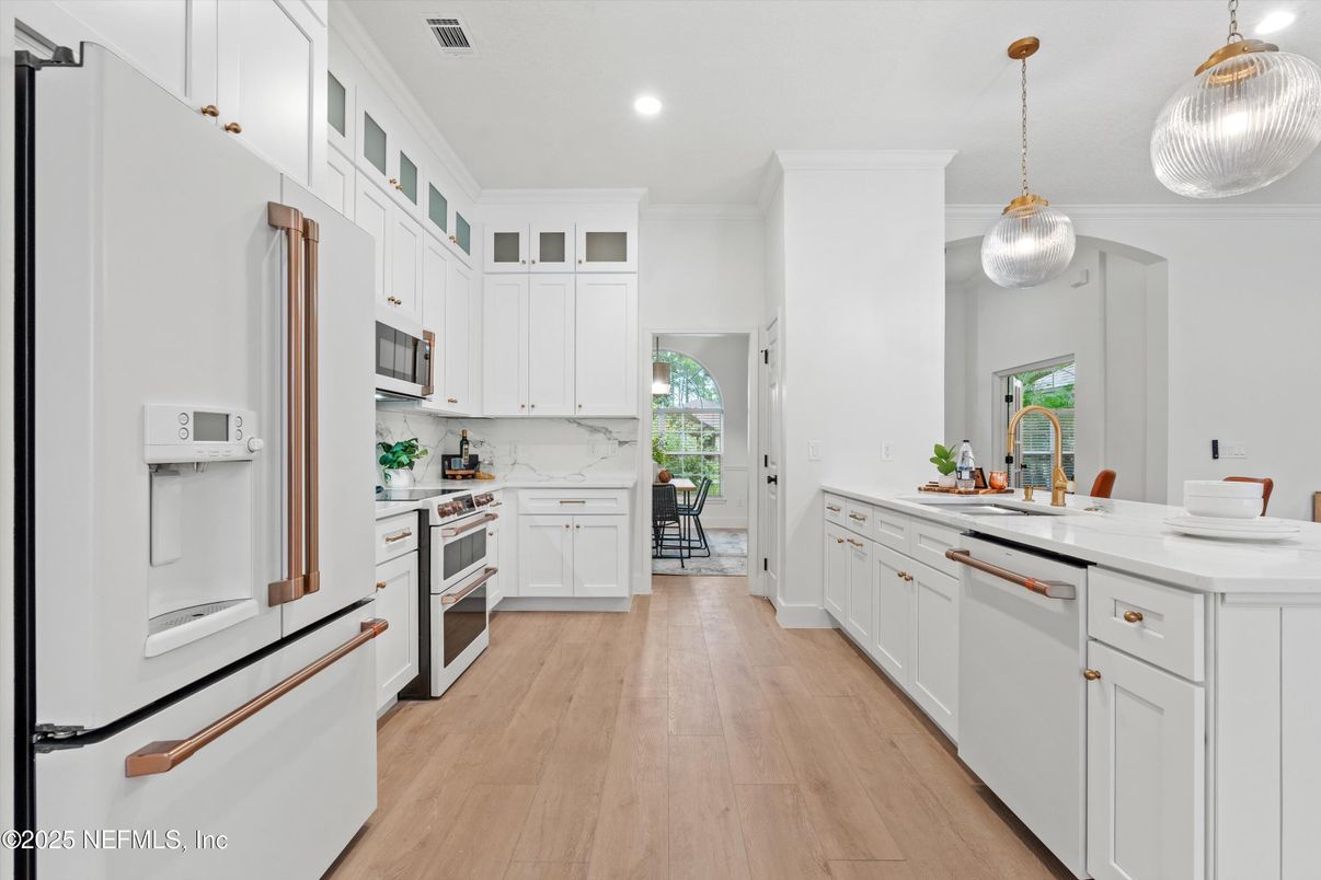 Interior, Kitchen, Pendant Lights, Recessed Lighting, Stainless Steel Appliances, Wood Texture Flooring